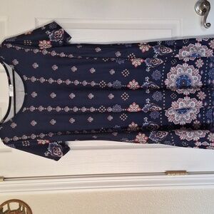 Women's Navy Floral Border Short Sleeve Dress From Sherosa. Size L